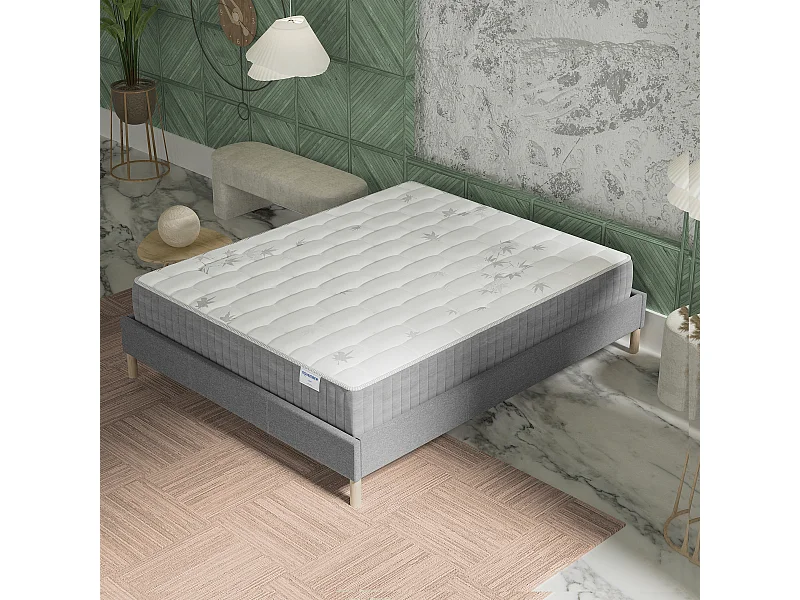 Ensemble Matelas + lit 140x190 cm, Matelas 25cm ressorts ensachés, accueil mémoire de forme, lit à lattes en bois, tissu gris