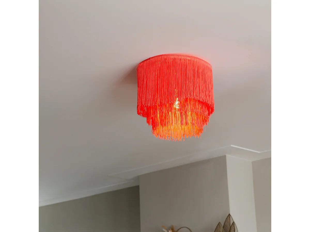 Plafonnier oriental doré avec abat-jour rose à franges - Franxa