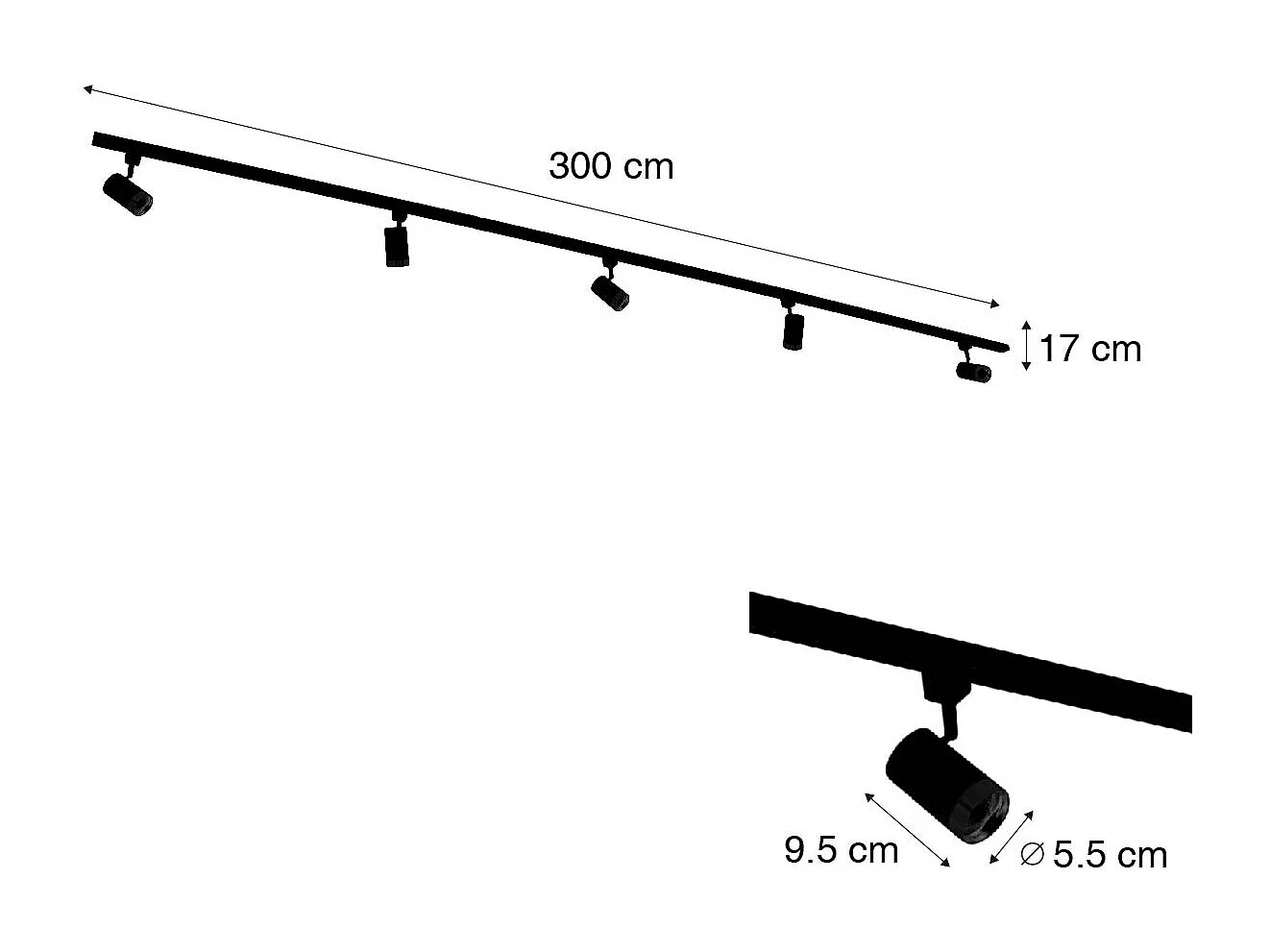 Système sur rail monophasé avec 5 spots noirs avec anneau doré - Jeana