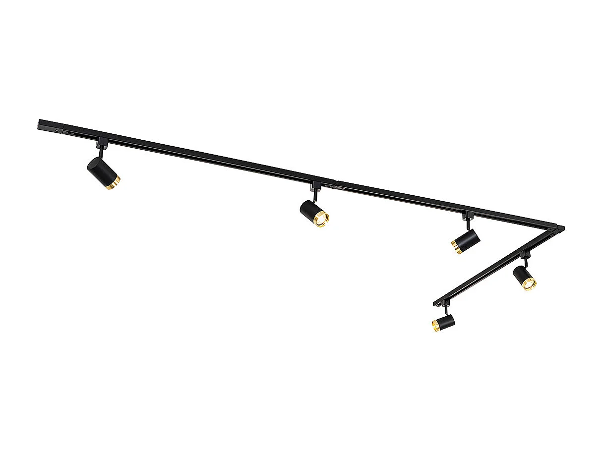 Système sur rail monophasé avec 5 spots noirs avec anneau doré - Jeana