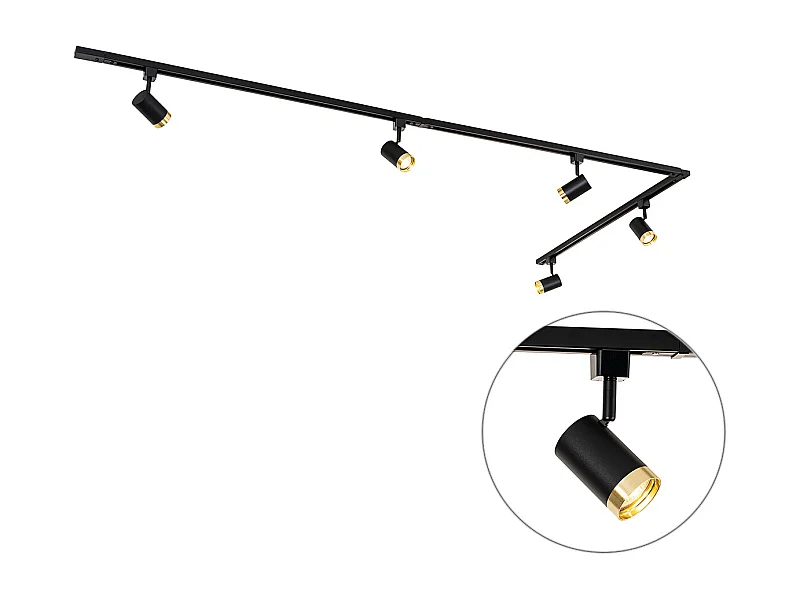 Système sur rail monophasé avec 5 spots noirs avec anneau doré - Jeana