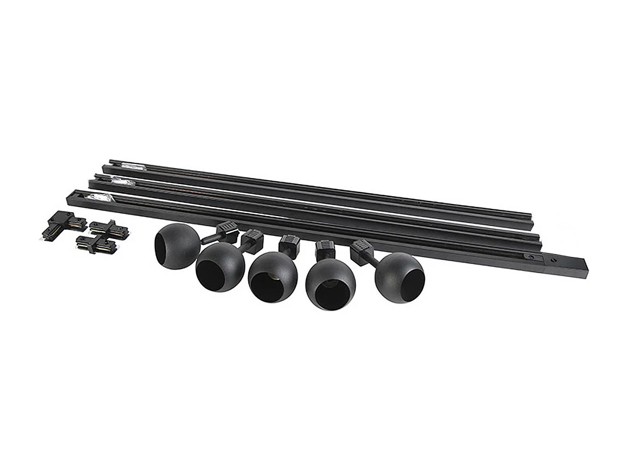 Système d'éclairage sur rail moderne avec 5 spots noirs monophasé - Iconic Gissi
