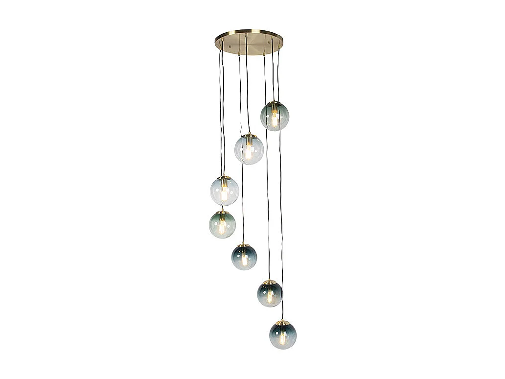 Suspension Art Déco en laiton avec verre bleu 7 lumières - Pallon