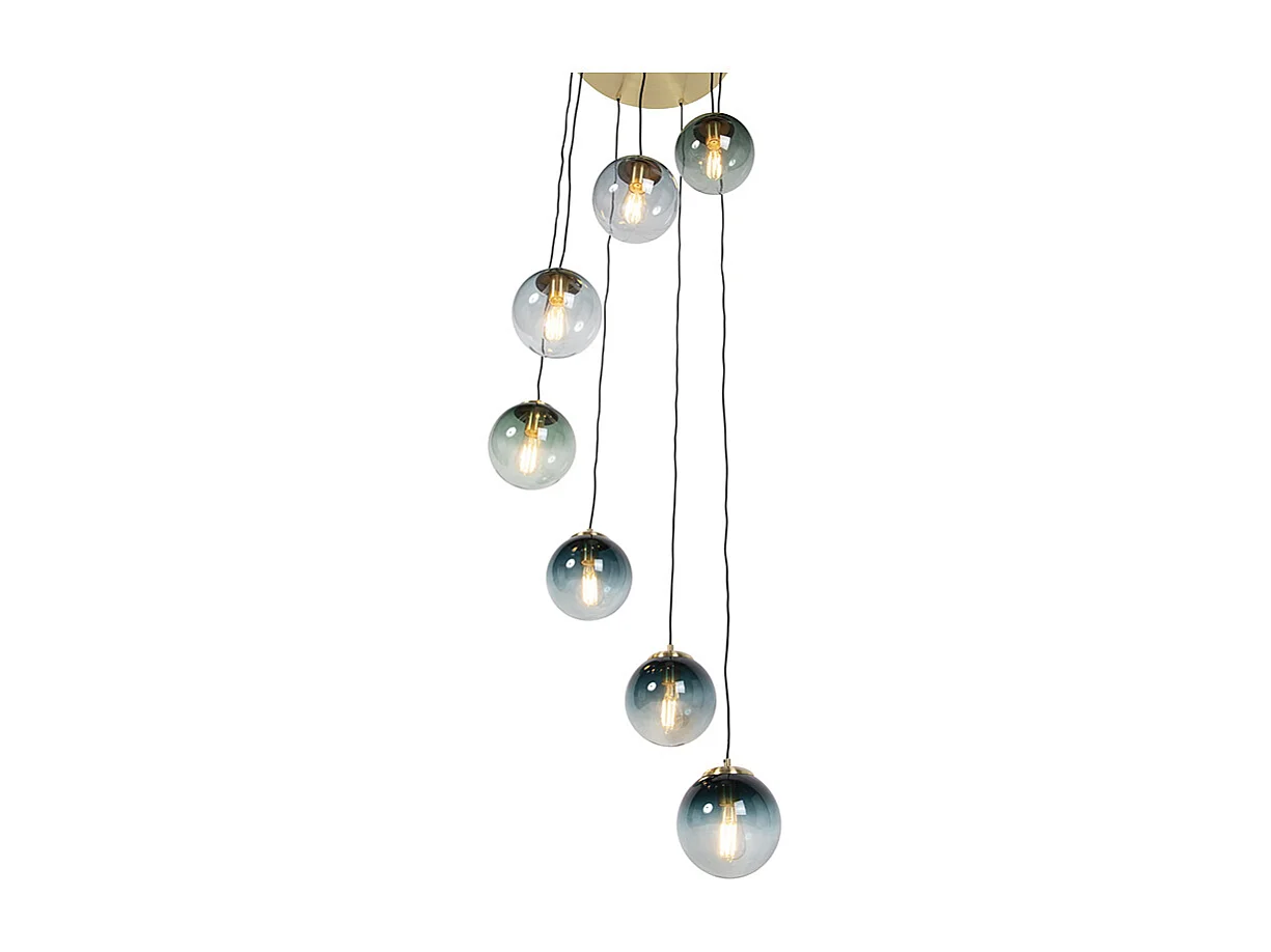 Suspension Art Déco en laiton avec verre bleu 7 lumières - Pallon