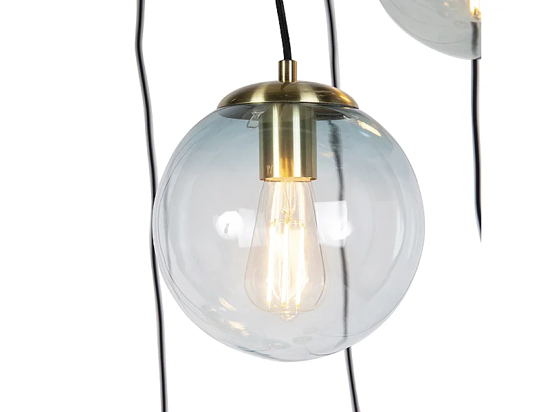 Suspension Art Déco en laiton avec verre bleu 7 lumières - Pallon