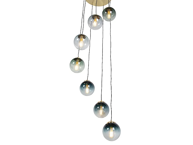 Suspension Art Déco en laiton avec verre bleu 7 lumières - Pallon