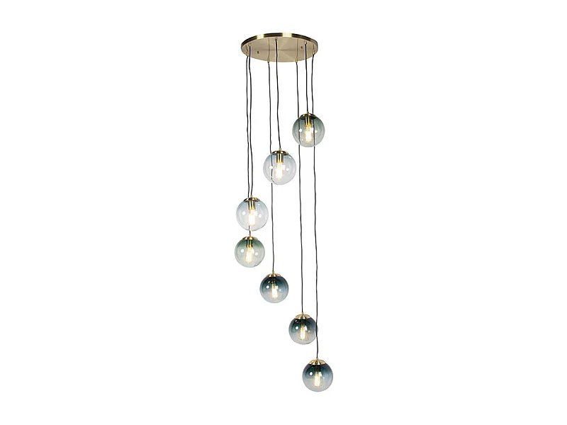 Suspension Art Déco en laiton avec verre bleu 7 lumières - Pallon