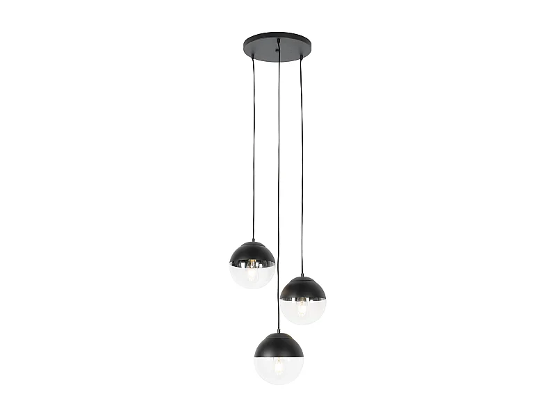 Suspension rétro noire avec verre clair rond 3 lumières - Eclipse