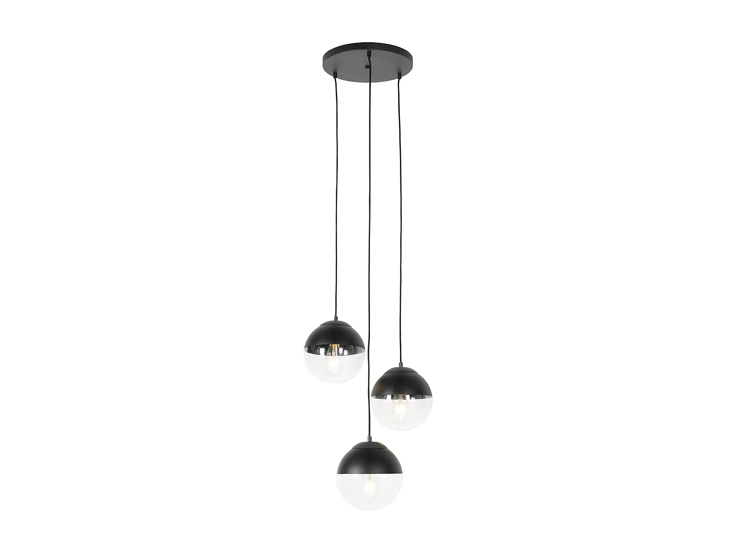 Suspension rétro noire avec verre clair rond 3 lumières - Eclipse