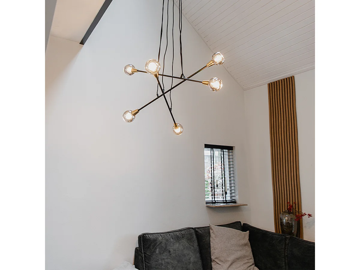 Suspension noire avec laiton et verre fumé 6 lumières - Vidro