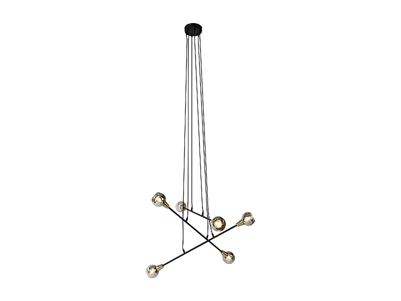 Suspension noire avec laiton et verre fumé 6 lumières - Vidro