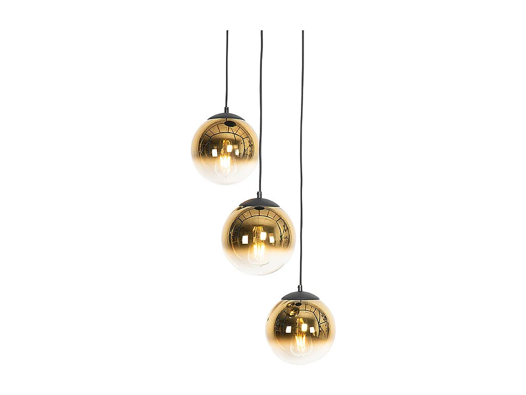 Suspension Art déco noire avec boules en verre dorées rondes 3 lumières - Pallon
