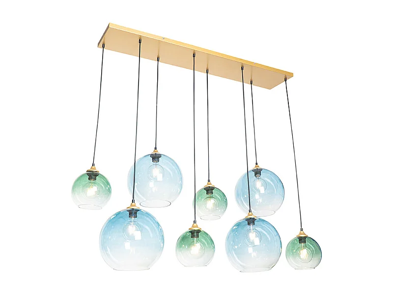 Suspension en laiton avec verre bleu et vert 8 lumières - Sandra