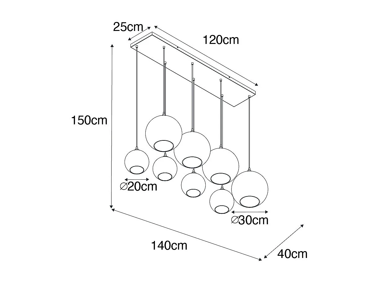 Lampe à suspension Art Déco noire avec verre fumé 8 lumières - Sandra