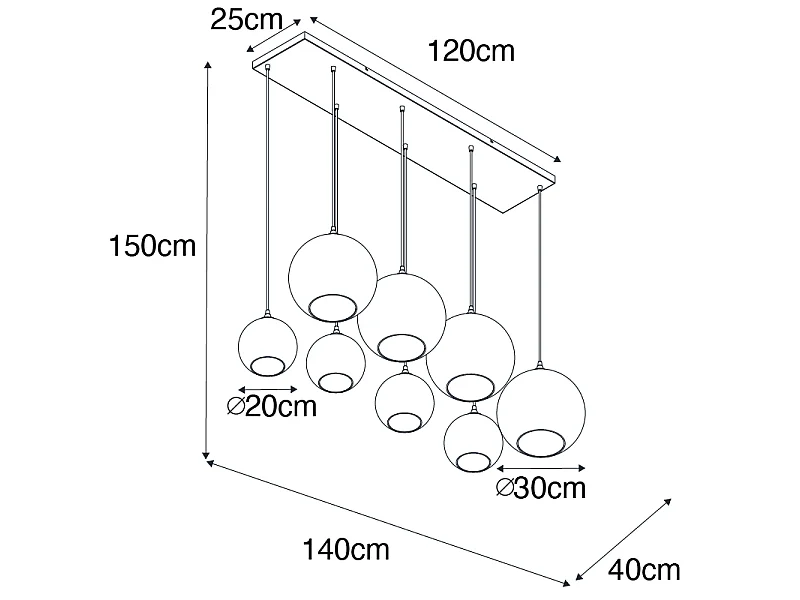 Suspension Art déco noire avec verre fumé 8 lumières - Sandra