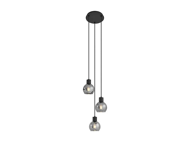 Lampe à suspension Art Déco noire avec verre fumé ronde 3 lumières - Vidro