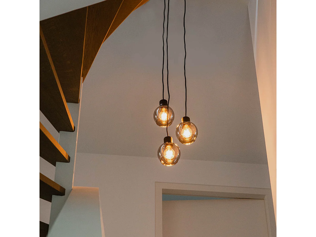 Lampe à suspension Art Déco noire avec verre fumé ronde 3 lumières - Vidro