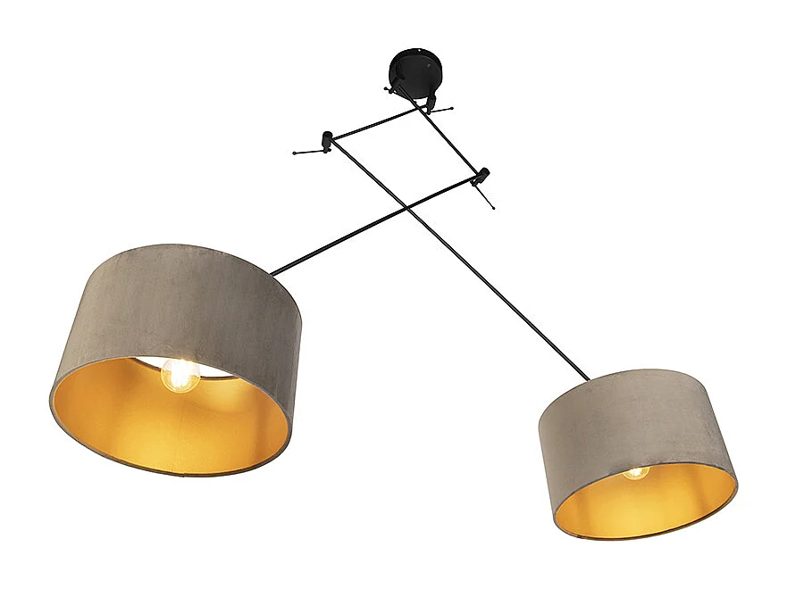 Suspension noire avec abat-jour en velours taupe et or 35 cm 2 lumières - Blitz