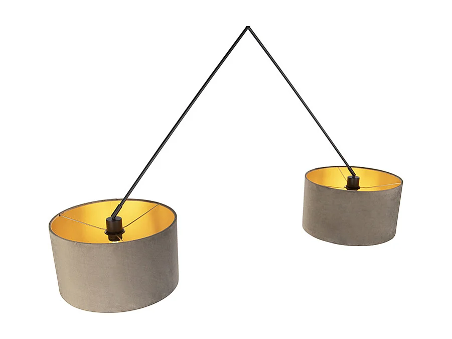 Suspension noire avec abat-jour en velours taupe et or 35 cm 2 lumières - Blitz