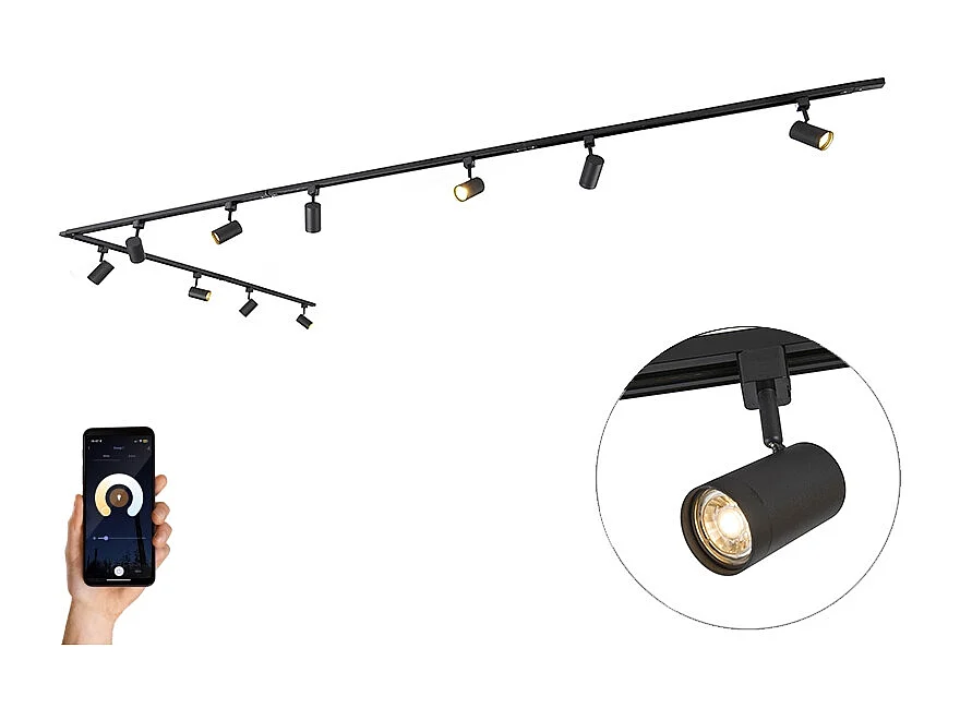 Système de rails d'éclairage intelligent noir monophasé à 10 lumières avec WiFi GU10 - Iconic Jeana