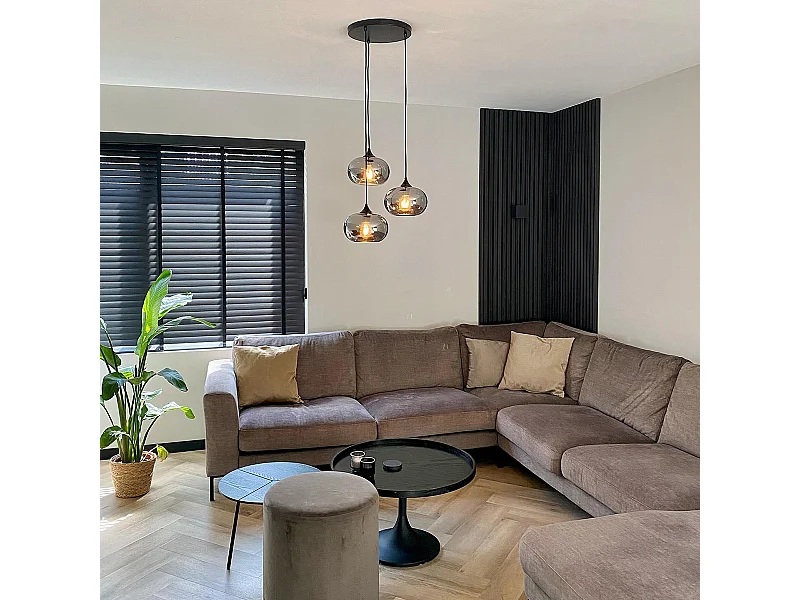 Suspension Art Déco noire avec verre fumé 3 lumières ronde - Busa