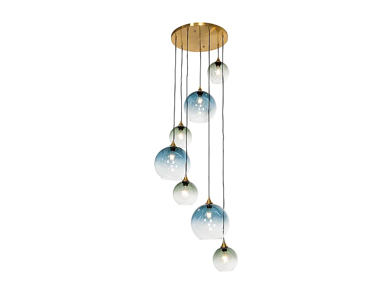 Suspension Art Déco en laiton avec verre bleu rond 7 lumières - Sandra