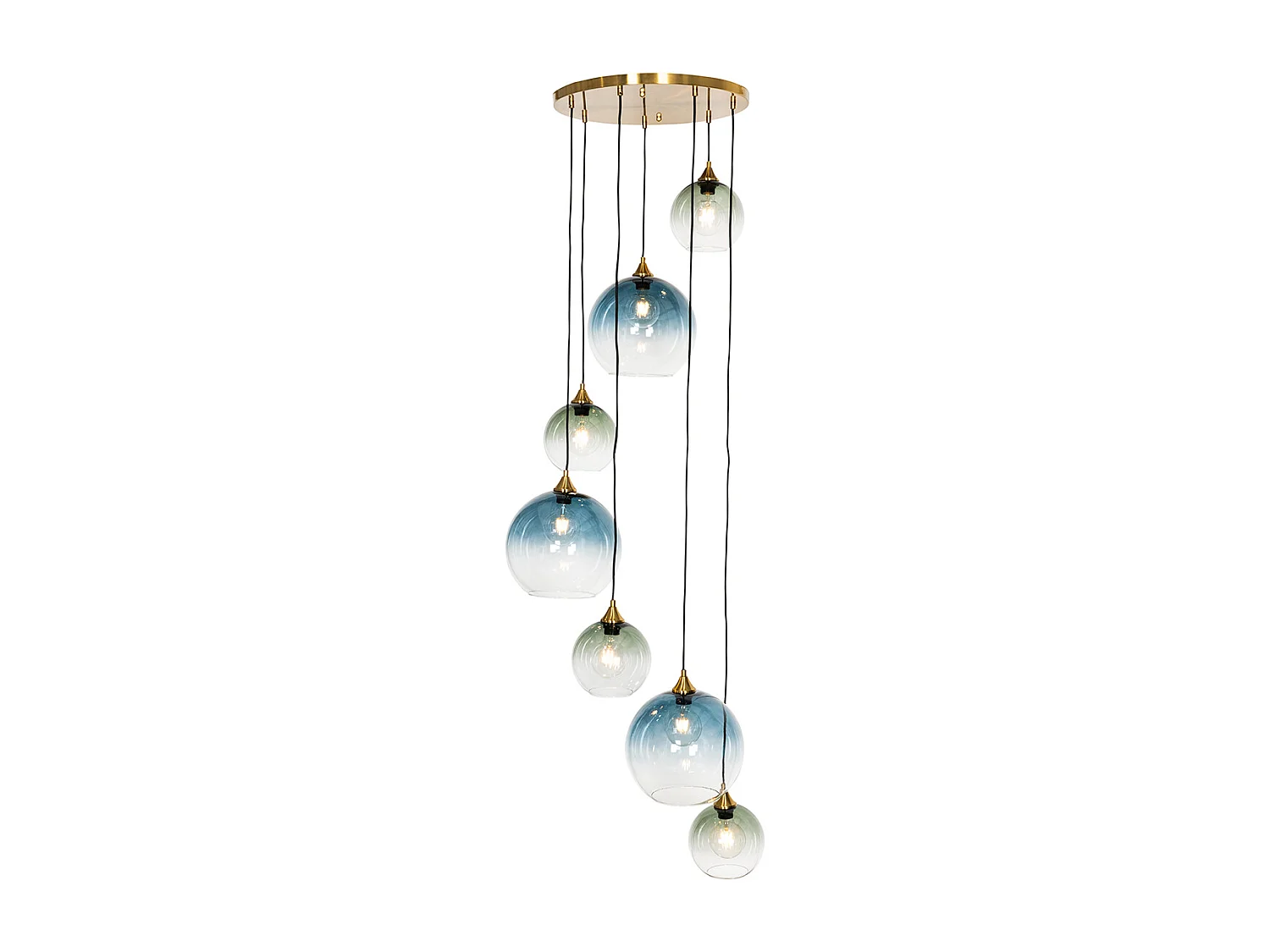 Suspension Art Déco en laiton avec verre bleu rond 7 lumières - Sandra