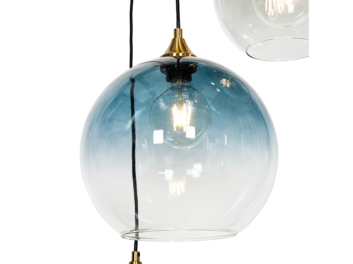 Suspension Art Déco en laiton avec verre bleu rond 7 lumières - Sandra
