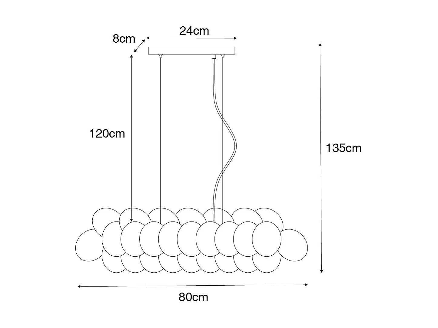 Suspension noire avec verre opale 8 lumières oblongue - Uvas