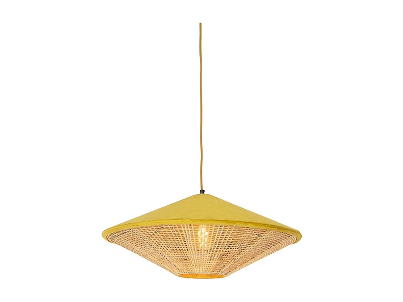 Suspension style campagnard velours jaune et rotin 60 cm - Frills Can