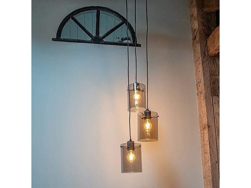 Lampe suspendue design noir avec verre fumé 3 lumières - Dôme