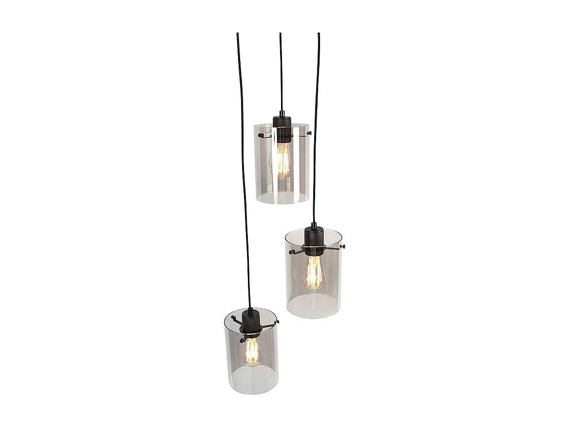 Lampe suspendue design noir avec verre fumé 3 lumières - Dôme