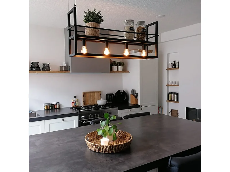 Suspension industrielle noire avec support 4 lumières - Cage Rack