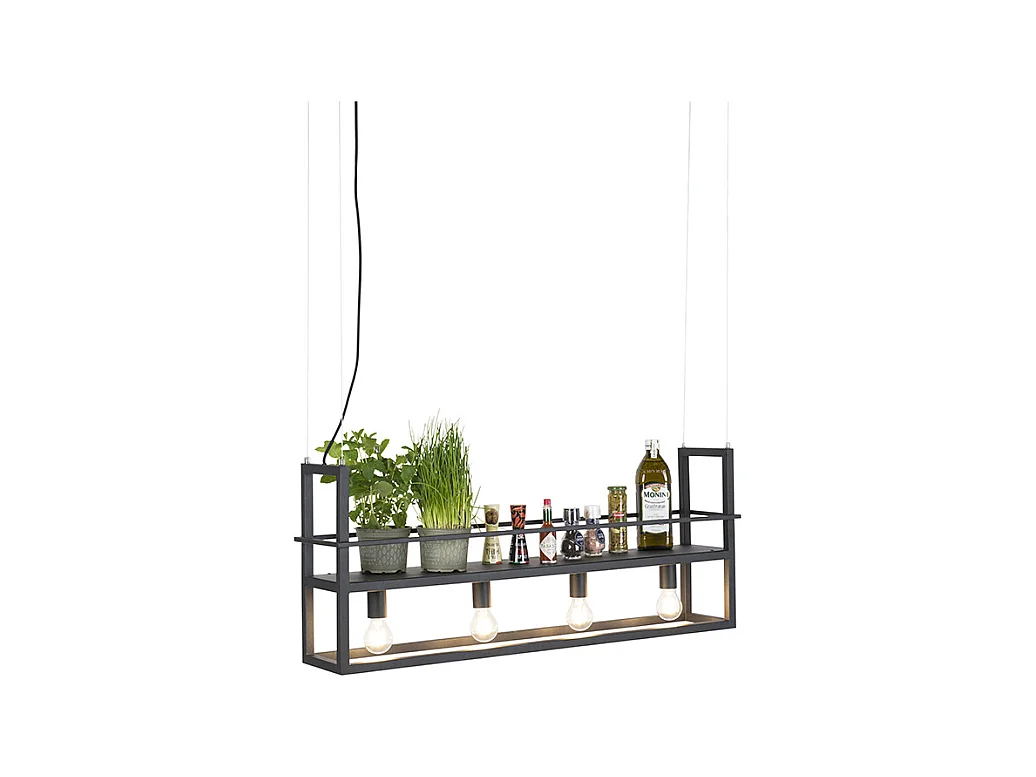 Suspension industrielle noire avec support 4 lumières - Cage Rack