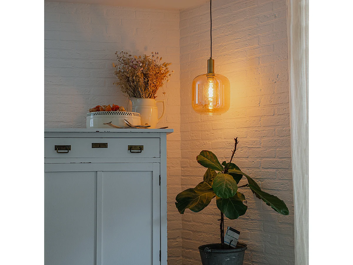 Lampe à suspension design noire avec laiton et verre ambré - Zuzanna