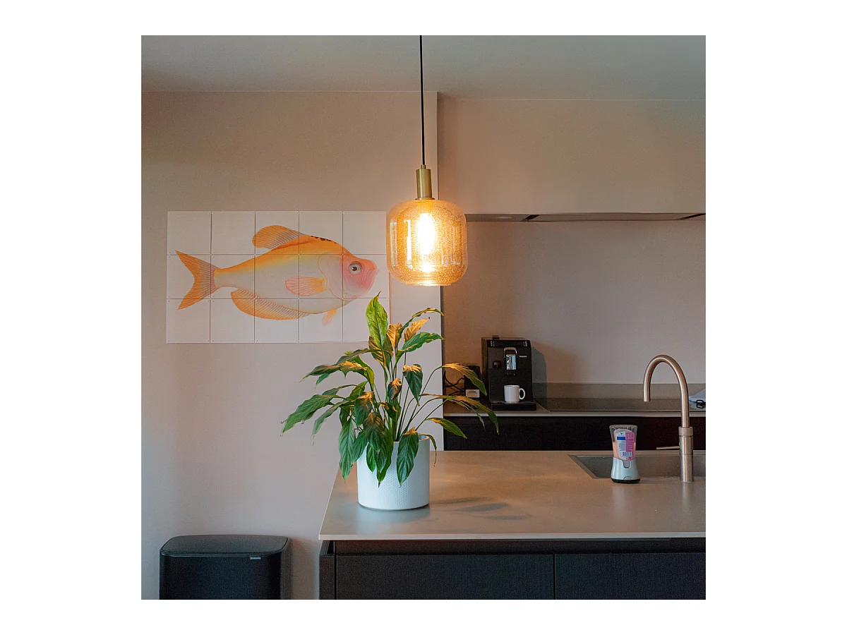 Lampe à suspension design noire avec laiton et verre ambré - Zuzanna