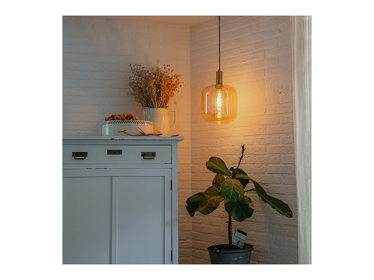 Lampe à suspension design noire avec laiton et verre ambré - Zuzanna