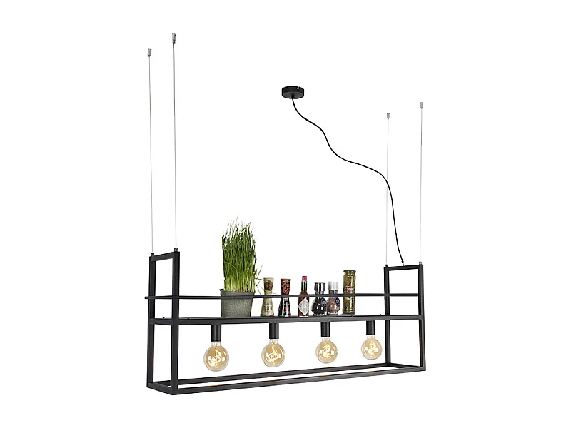 Suspension industrielle noire avec étagère grande 4 lumières - Cage Rack