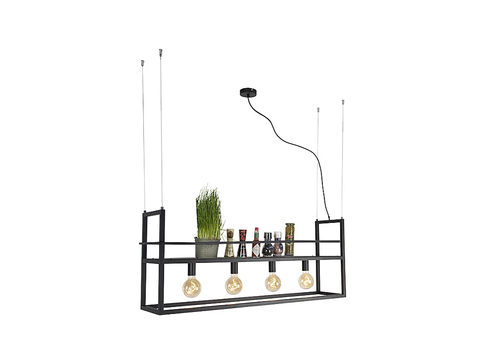 Suspension industrielle noire avec support grand 4 lumières - Cage Rack