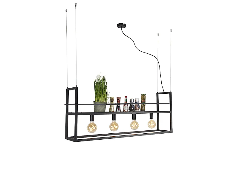 Suspension industrielle noire avec étagère grande 4 lumières - Cage Rack