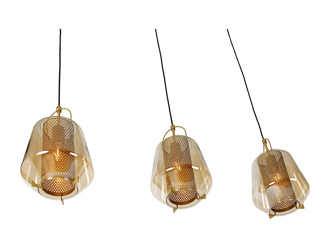 Suspension or avec verre ambré 23 cm oblong 3 lumières - Kevin