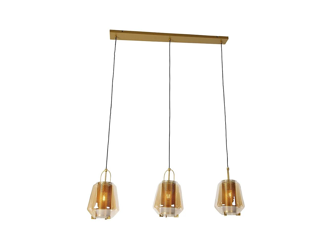 Suspension or avec verre ambré 23 cm oblong 3 lumières - Kevin