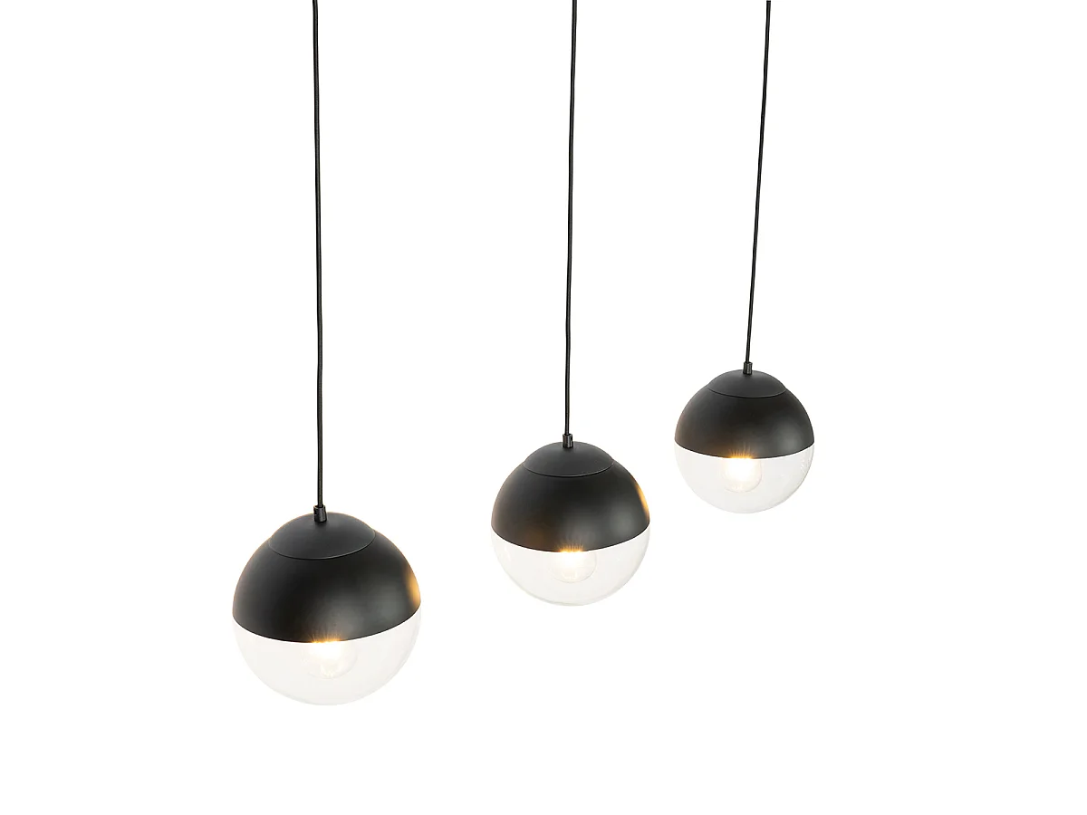 Suspension rétro noire avec verre transparent oblong 3 lumières - Eclipse