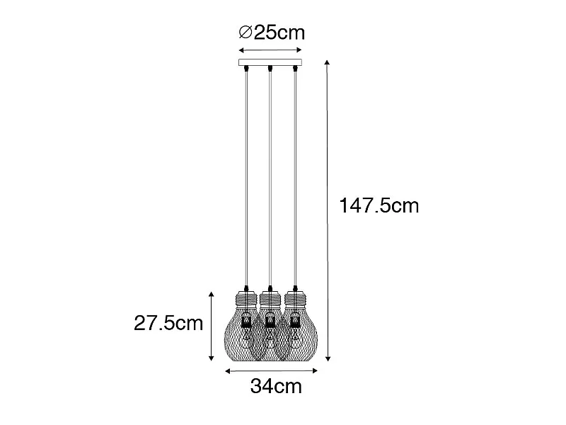 Suspension design noire 3 lumières - Raga
