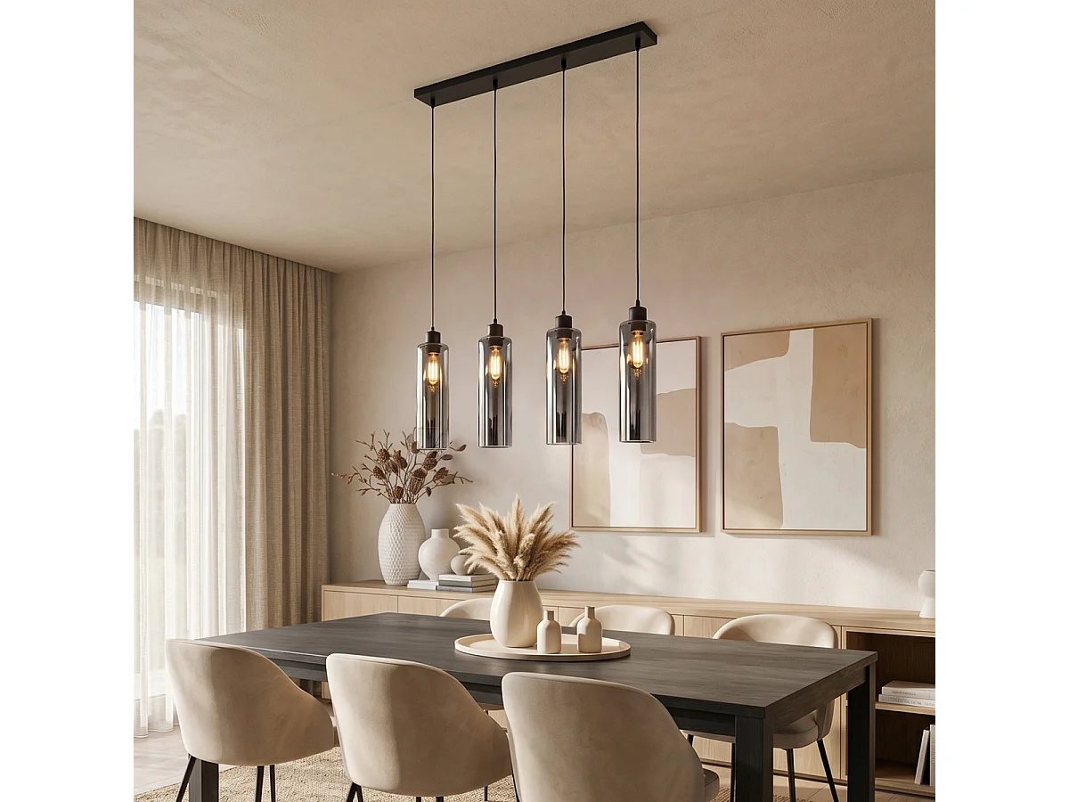 Suspension Art Déco noire avec verre fumé 4 lumières - Laura
