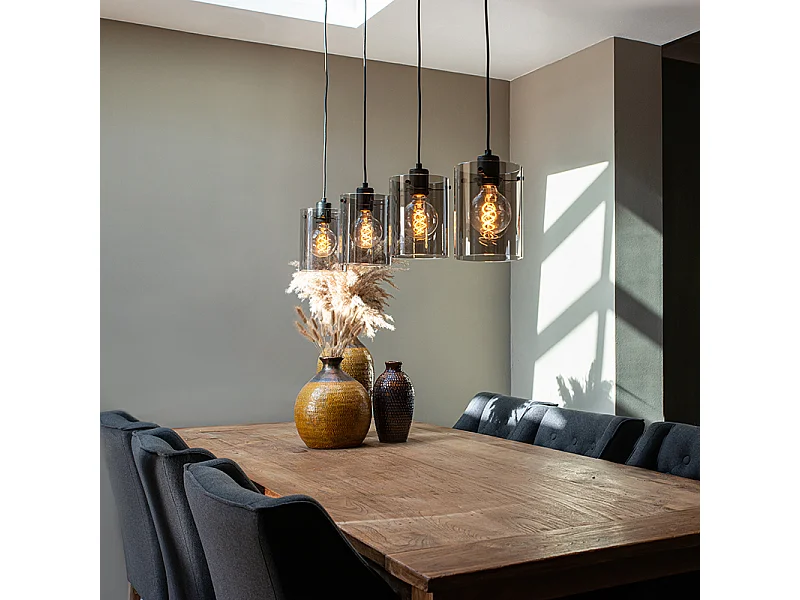 Lampe à suspension design noir avec verre fumé 4 lumières - Dôme