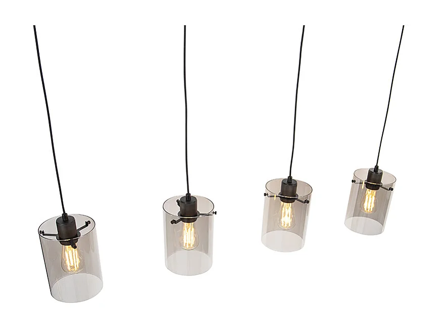 Lampe à suspension design noir avec verre fumé 4 lumières - Dôme