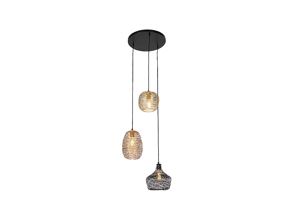Suspension ronde noir or et cuivre 3 lumières - Sarella