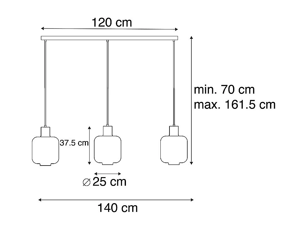 Lampe à suspension design noir avec verre fumé 3 lumières 161,5 cm - Qara