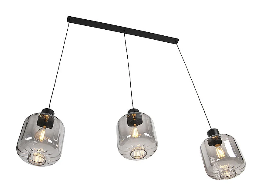 Lampe à suspension design noir avec verre fumé 3 lumières 161,5 cm - Qara